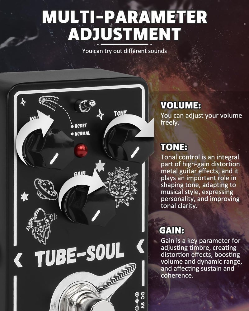 STRICH TUBE SOUL Tube Overdrive Distortion Pedal for Electric Guitar, Compact Mini Single Unit, True Bypass, 3 Control Knobs, Volume, Tone, Gain, Dual Modes, Boost, Normal, 9V DC, Black and White - Image 4